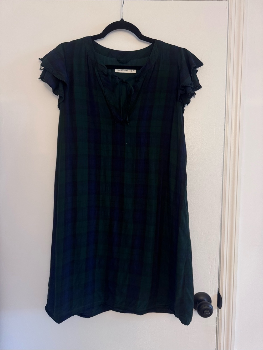 Vineyard Vines Navy and Green Plaid Ruffle-Sleeve Shift Dress - Picture 2 of 4